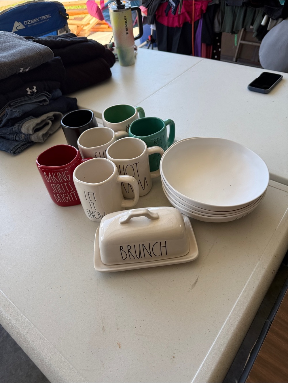 Rae Dunn Mugs & Brunch Butter Dish in Red, Green, Black, Cream, White